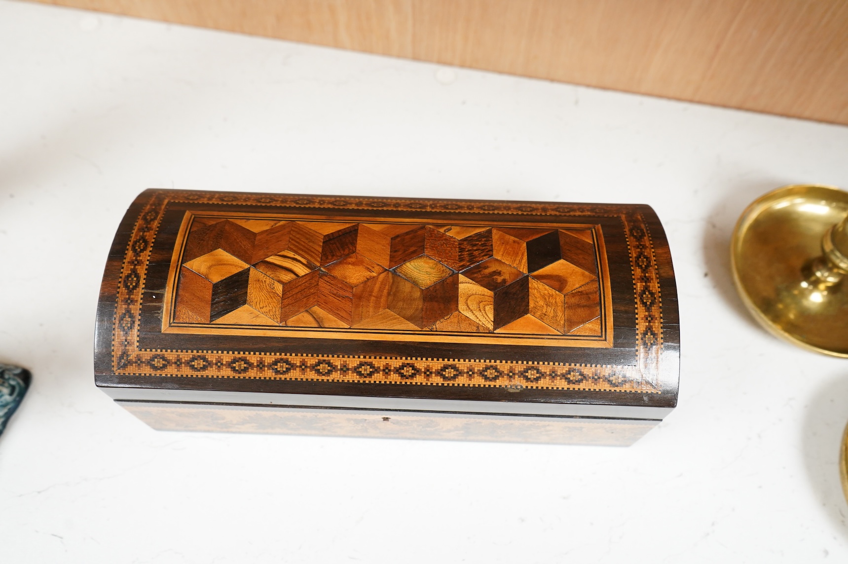 A Tunbridgeware specimen cube marquetry and Tesserae Mosaic domed glove box, c.1840, with silk lining, 24cm wide